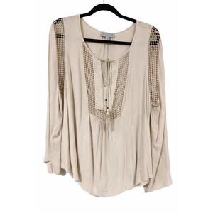 Joseph A Boho Peasant Blouse Large Beige Crochet Tassel Crinkle Festival Top